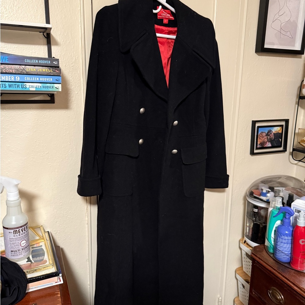 Oscar de la Renta Black Trench Coat with Silver Buttons